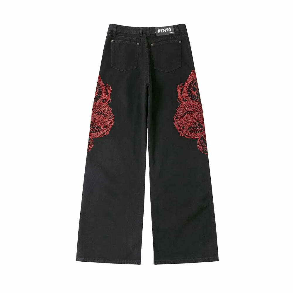 Y2K Grunge Embroidered Dragon Denim Jeans - Retro 90s Fashion, Summer Y2K Outfits