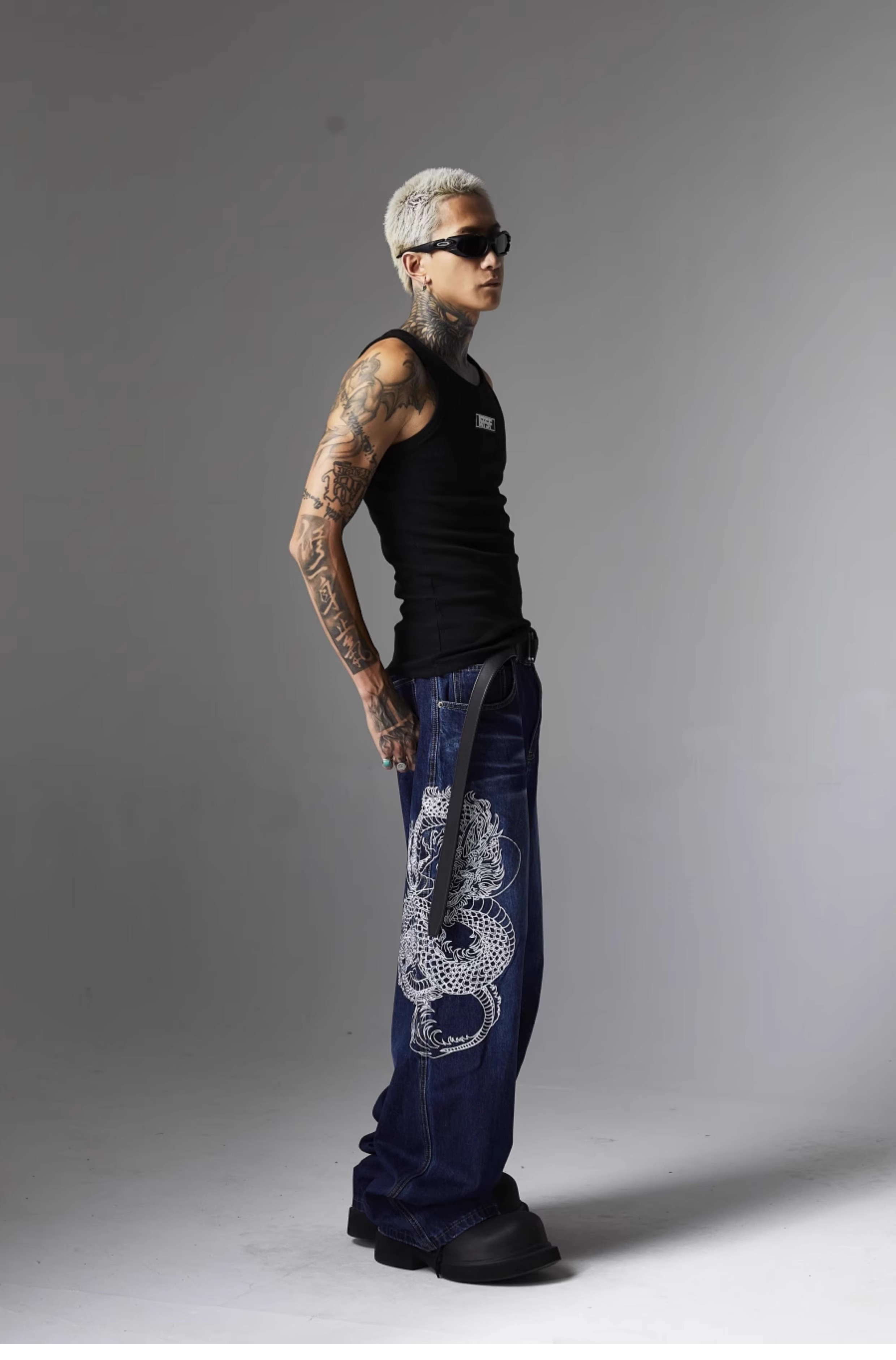 Y2K Grunge Embroidered Dragon Denim Jeans - Retro 90s Fashion, Summer Y2K Outfits