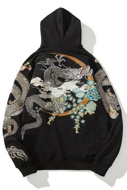 Y2K Grunge Embroidered Dragon Hoodie - 90s Retro, Summer Outfits, Y2K Fashion for Women