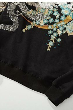 Y2K Grunge Embroidered Dragon Hoodie - 90s Retro, Summer Outfits, Y2K Fashion for Women