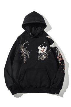 Y2K Grunge Embroidered Fox Hoodie - Retro 90s Fashion, Summer Outfits, and Pastel Goth Style