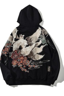 Y2K Grunge Embroidered Fox Hoodie - Retro 90s Fashion, Summer Outfits, and Pastel Goth Style