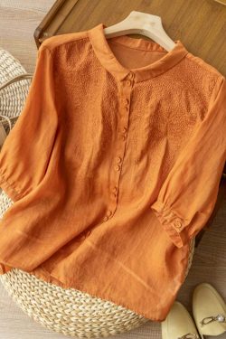Y2K Grunge Embroidered Half Sleeve Linen Shirt Top - Retro 90s Summer Fashion for Women