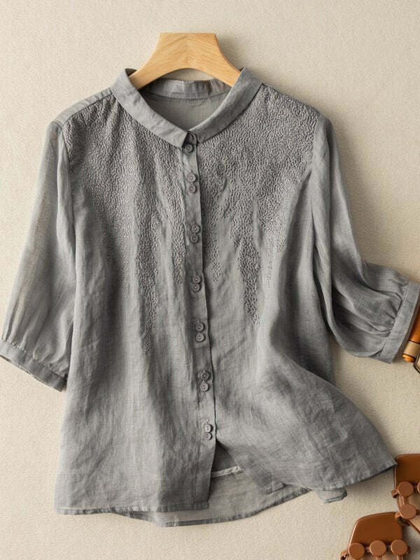 Y2K Grunge Embroidered Half Sleeve Linen Shirt Top - Retro 90s Summer Fashion for Women