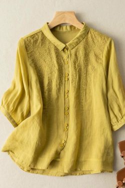 Y2K Grunge Embroidered Half Sleeve Linen Shirt Top - Retro 90s Summer Fashion for Women
