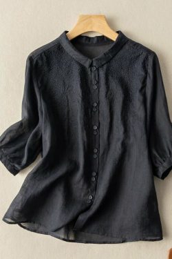 Y2K Grunge Embroidered Half Sleeve Linen Shirt Top - Retro 90s Summer Fashion for Women