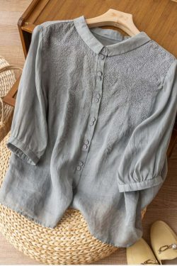 Y2K Grunge Embroidered Half Sleeve Linen Shirt Top - Retro 90s Summer Fashion for Women