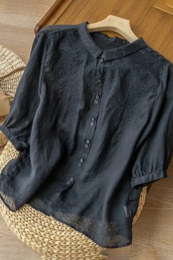 Y2K Grunge Embroidered Half Sleeve Linen Shirt Top - Retro 90s Summer Fashion for Women