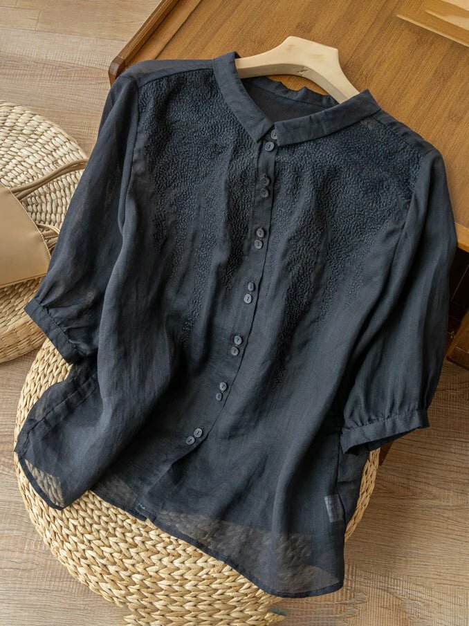 Y2K Grunge Embroidered Half Sleeve Linen Shirt Top - Retro 90s Summer Fashion for Women