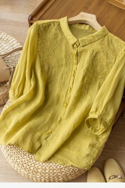 Y2K Grunge Embroidered Half Sleeve Linen Shirt Top - Retro 90s Summer Fashion for Women