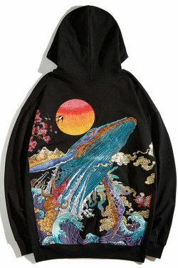 Y2K Grunge Embroidered Ocean Hoodie - Retro 90s Fashion, Summer Y2K Outfits, Pastel Goth Style
