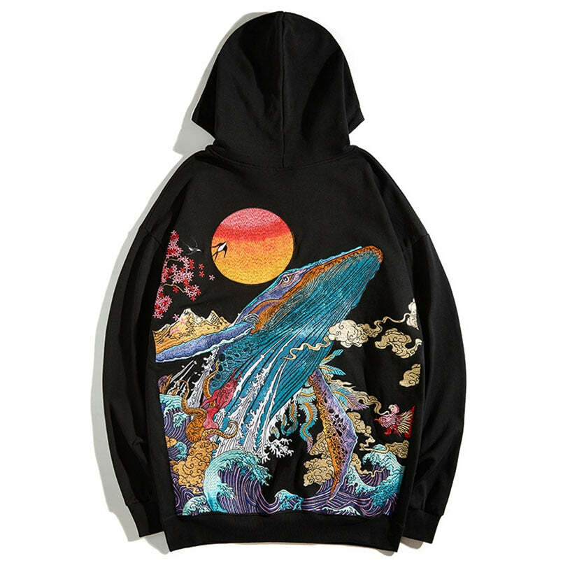 Y2K Grunge Embroidered Ocean Hoodie - Retro 90s Fashion, Summer Y2K Outfits, Pastel Goth Style