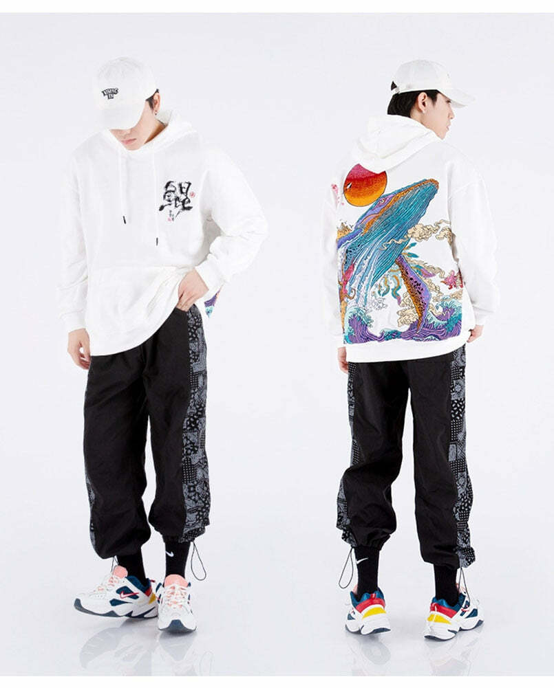 Y2K Grunge Embroidered Ocean Hoodie - Retro 90s Fashion, Summer Y2K Outfits, Pastel Goth Style