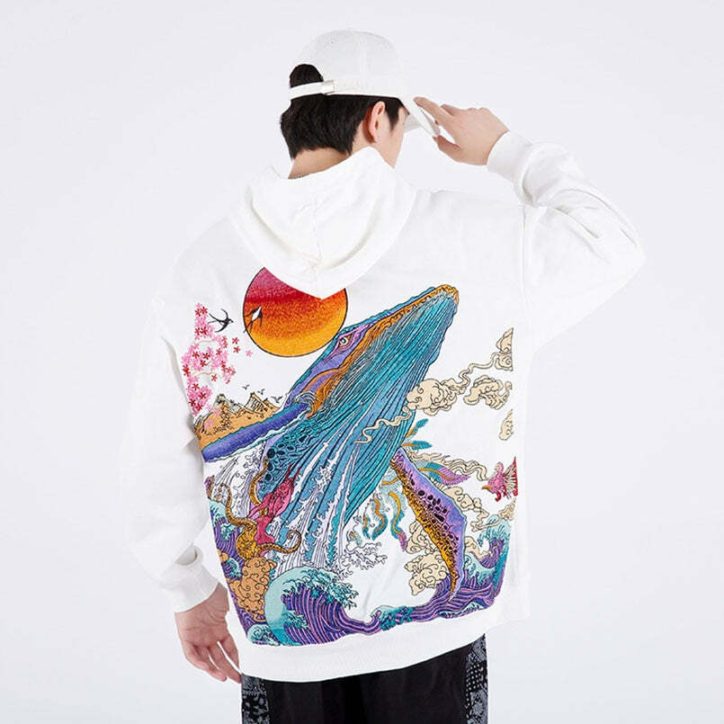 Y2K Grunge Embroidered Ocean Hoodie - Retro 90s Fashion, Summer Y2K Outfits, Pastel Goth Style