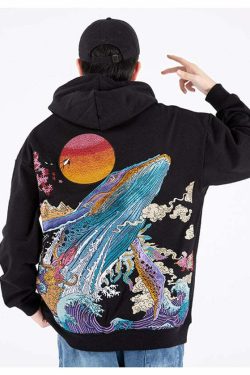 Y2K Grunge Embroidered Ocean Hoodie - Retro 90s Fashion, Summer Y2K Outfits, Pastel Goth Style
