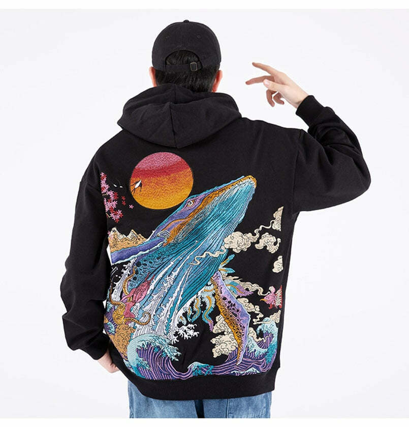 Y2K Grunge Embroidered Ocean Hoodie - Retro 90s Fashion, Summer Y2K Outfits, Pastel Goth Style