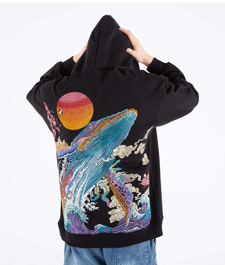 Y2K Grunge Embroidered Ocean Hoodie - Retro 90s Fashion, Summer Y2K Outfits, Pastel Goth Style