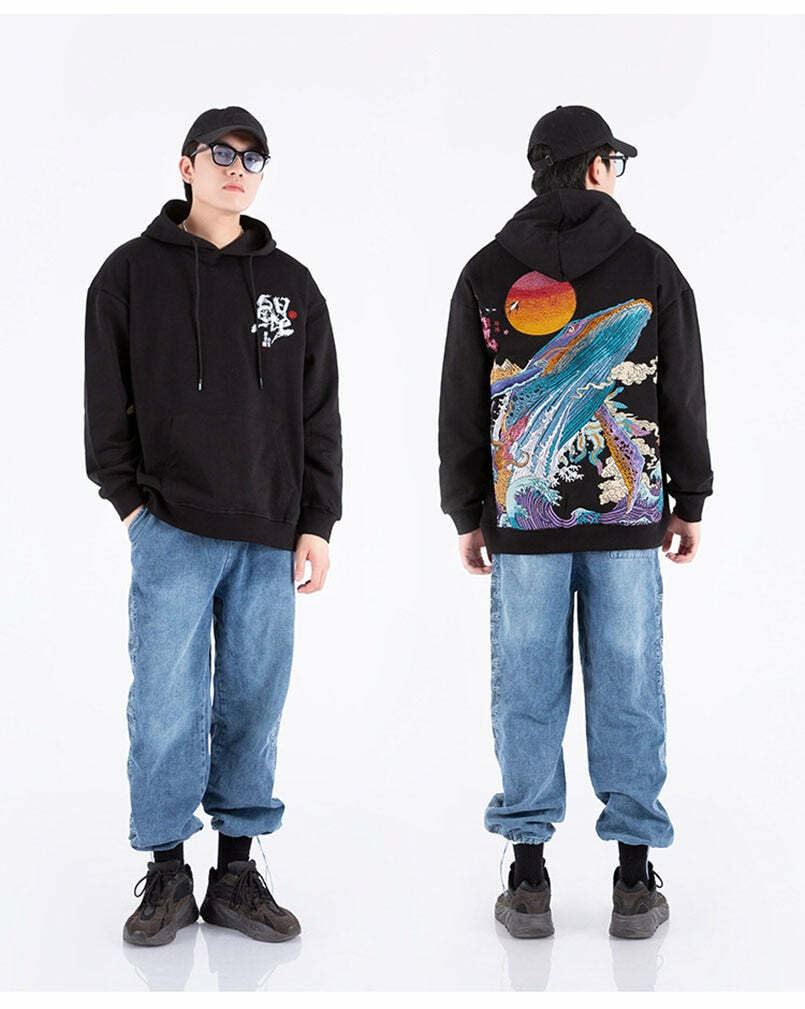 Y2K Grunge Embroidered Ocean Hoodie - Retro 90s Fashion, Summer Y2K Outfits, Pastel Goth Style