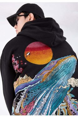 Y2K Grunge Embroidered Ocean Hoodie - Retro 90s Fashion, Summer Y2K Outfits, Pastel Goth Style