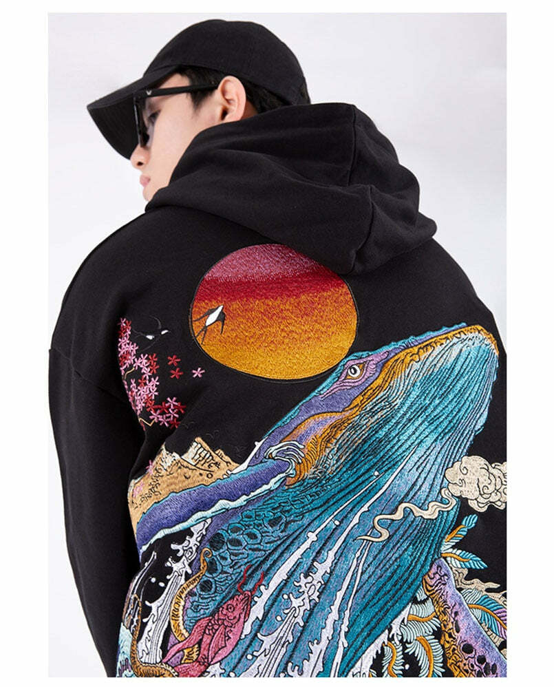 Y2K Grunge Embroidered Ocean Hoodie - Retro 90s Fashion, Summer Y2K Outfits, Pastel Goth Style