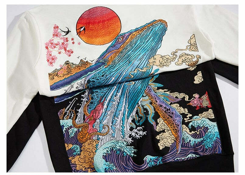 Y2K Grunge Embroidered Ocean Hoodie - Retro 90s Fashion, Summer Y2K Outfits, Pastel Goth Style