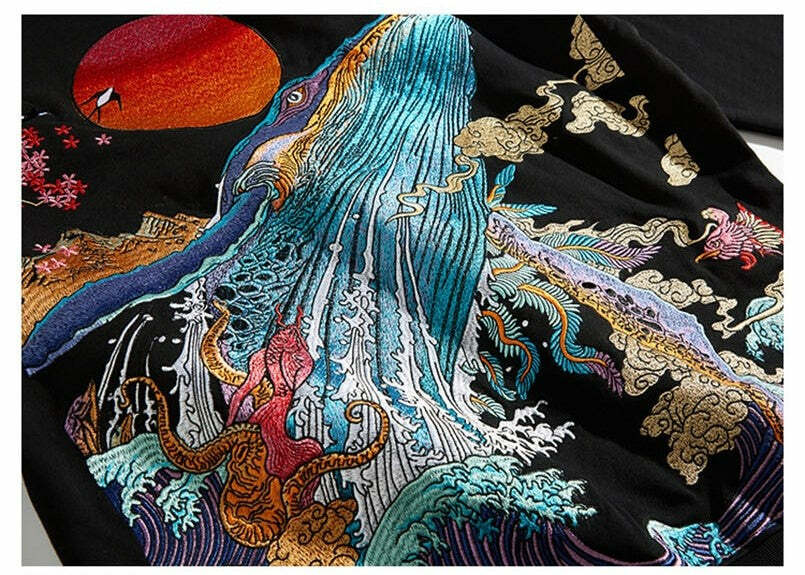 Y2K Grunge Embroidered Ocean Hoodie - Retro 90s Fashion, Summer Y2K Outfits, Pastel Goth Style