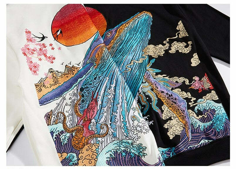 Y2K Grunge Embroidered Ocean Hoodie - Retro 90s Fashion, Summer Y2K Outfits, Pastel Goth Style