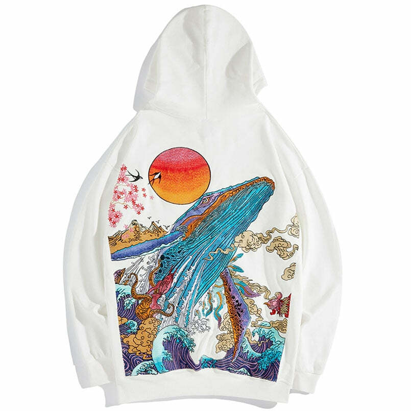 Y2K Grunge Embroidered Ocean Hoodie - Retro 90s Fashion, Summer Y2K Outfits, Pastel Goth Style