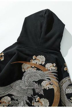 Y2K Grunge Embroidered Phoenix Hoodie - Retro 90s Fashion, Summer Outfits, and Clubwear