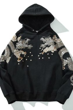 Y2K Grunge Embroidered Phoenix Hoodie - Retro 90s Fashion, Summer Outfits, and Clubwear