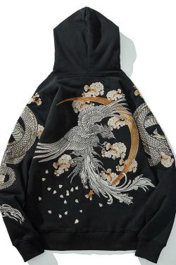 Y2K Grunge Embroidered Phoenix Hoodie - Retro 90s Fashion, Summer Outfits, and Clubwear