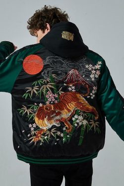 Y2K Grunge Embroidered Tiger Varsity Jacket - Retro 90s Fashion, Summer & Party Outfits
