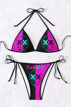 Y2K Grunge Emo Gothic Skull Two Tone Halter String Bikini Set - Retro 90s Summer Outfit