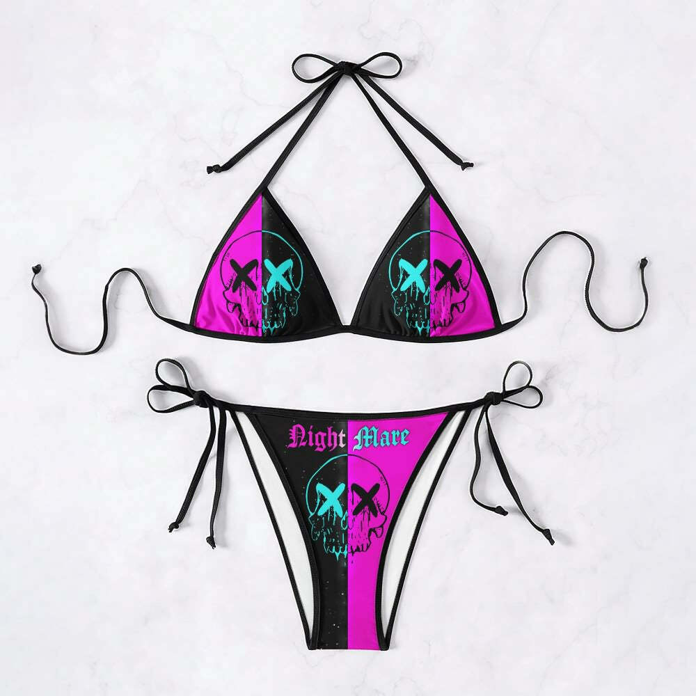 Y2K Grunge Emo Gothic Skull Two Tone Halter String Bikini Set - Retro 90s Summer Outfit