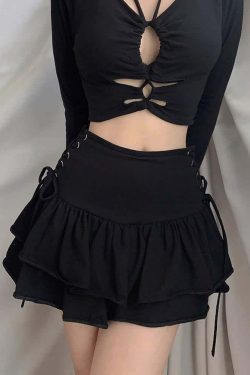 Y2K Grunge Eyelet Lace-Up Tiered Mini Skirt - 90s Retro Goth Fashion for Summer Outfits