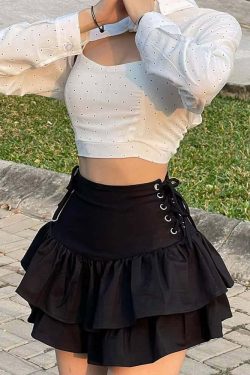 Y2K Grunge Eyelet Lace-Up Tiered Mini Skirt - 90s Retro Goth Fashion for Summer Outfits