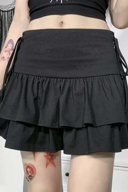 Y2K Grunge Eyelet Lace-Up Tiered Mini Skirt - 90s Retro Goth Fashion for Summer Outfits