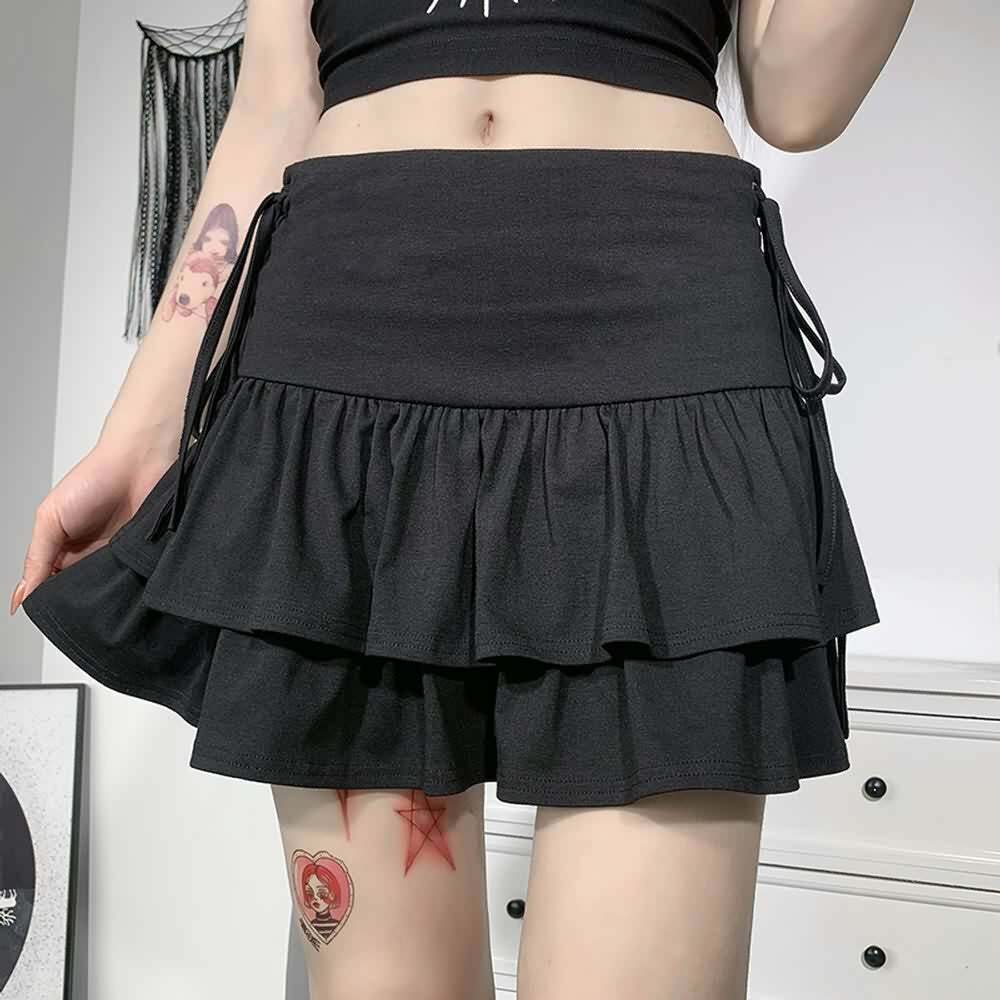 Y2K Grunge Eyelet Lace-Up Tiered Mini Skirt - 90s Retro Goth Fashion for Summer Outfits