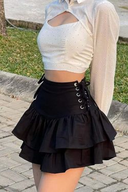 Y2K Grunge Eyelet Lace-Up Tiered Mini Skirt - 90s Retro Goth Fashion for Summer Outfits