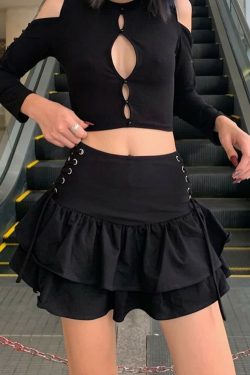 Y2K Grunge Eyelet Lace-Up Tiered Mini Skirt - 90s Retro Goth Fashion for Summer Outfits