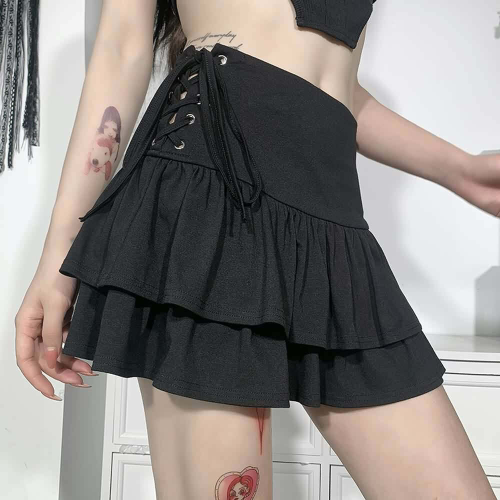 Y2K Grunge Eyelet Lace-Up Tiered Mini Skirt - 90s Retro Goth Fashion for Summer Outfits