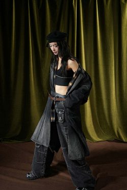 Y2K Grunge Faded Denim Trench Coat - Retro 90s Fashion, Summer Y2K Outfits, Gothic Y2K Style
