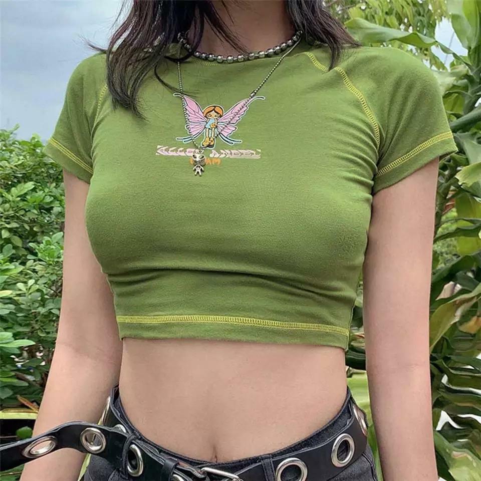 Y2K Grunge Fallen Angel Forest Crop Top - Retro 90s Summer Outfit for Women