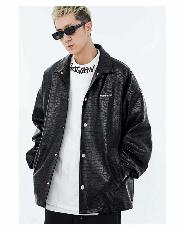Y2K Grunge Faux-Leather Biker Jacket - 90s Fashion, Retro Style, Gothic Y2K, Y2K Club Out