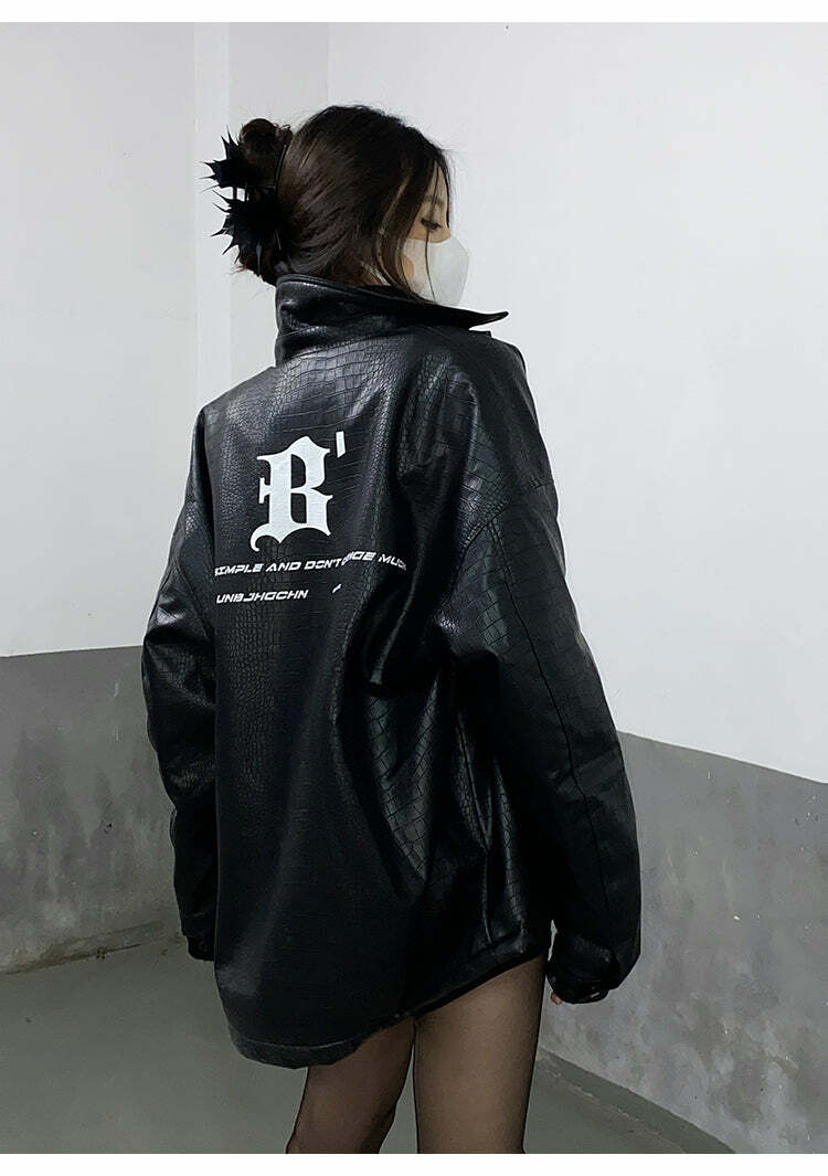 Y2K Grunge Faux-Leather Biker Jacket - 90s Retro Style, Gothic Y2K, Summer Y2K Outfits