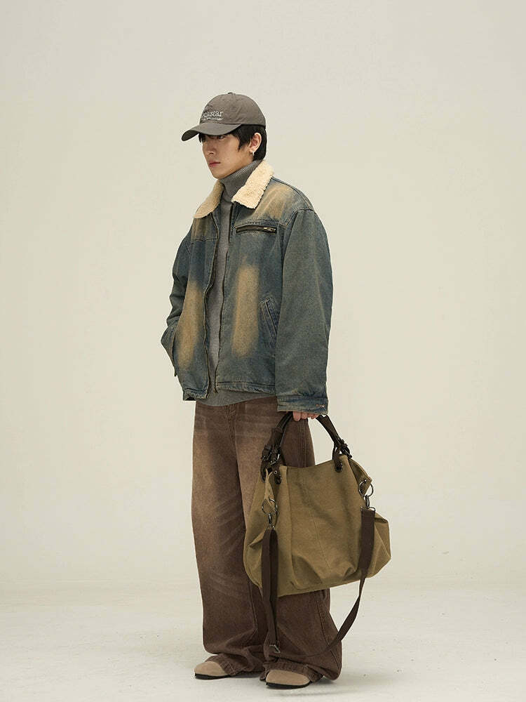 Y2K Grunge Faux Fur-Lined Faded Denim Jacket - Retro 90s Fashion, Summer & Party Outfits