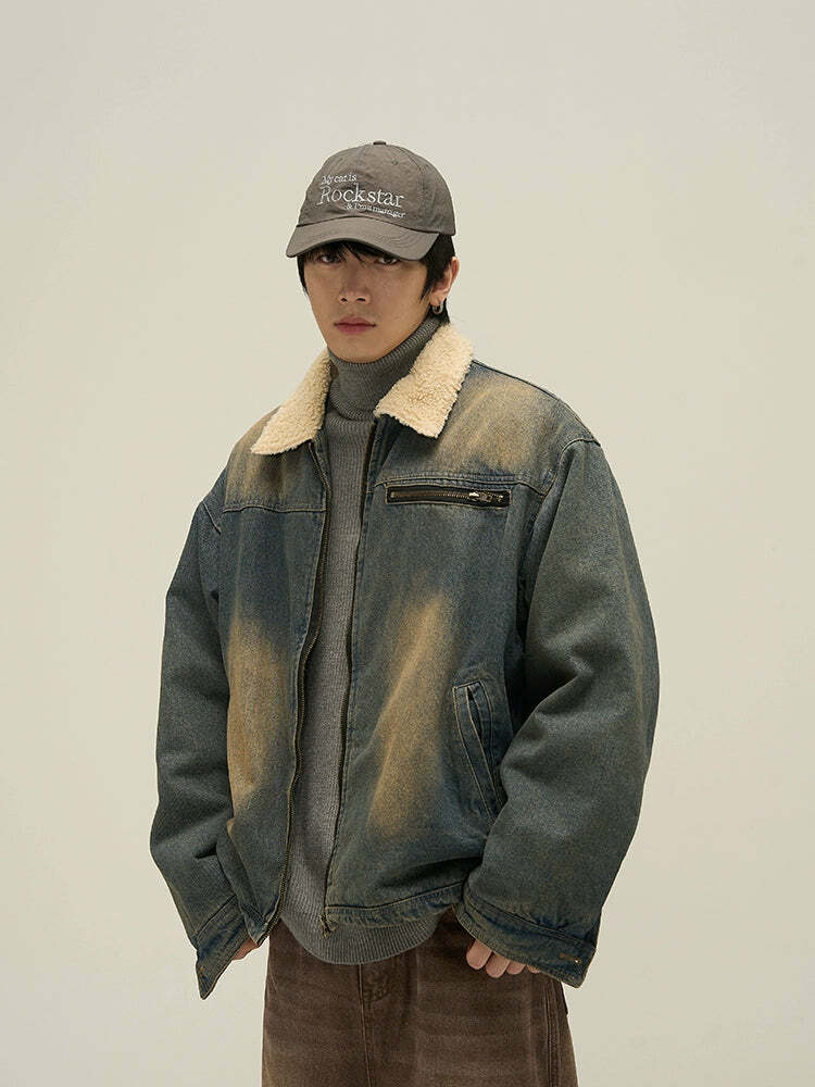 Y2K Grunge Faux Fur-Lined Faded Denim Jacket - Retro 90s Fashion, Summer & Party Outfits