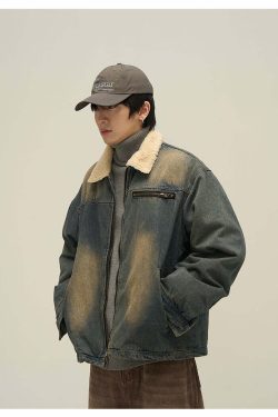 Y2K Grunge Faux Fur-Lined Faded Denim Jacket - Retro 90s Fashion, Summer & Party Outfits
