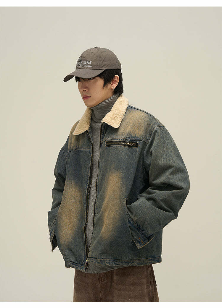 Y2K Grunge Faux Fur-Lined Faded Denim Jacket - Retro 90s Fashion, Summer & Party Outfits