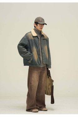 Y2K Grunge Faux Fur-Lined Faded Denim Jacket - Retro 90s Fashion, Summer & Party Outfits